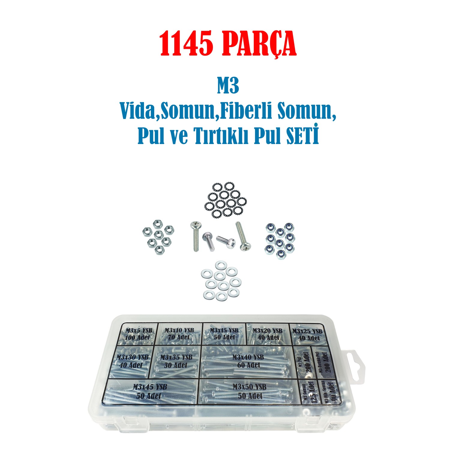 1145 Parça M3 YSB Vida+Somun+Fiberli Somun+Pul+Tırtıklı Pul Seti