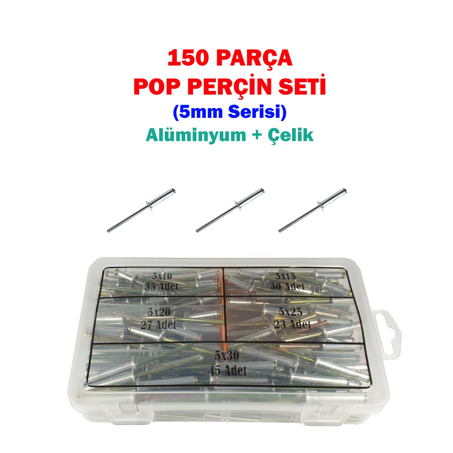 150 Parça Pop Perçin Seti - 5mm Serisi (Alüminyum + Çelik)