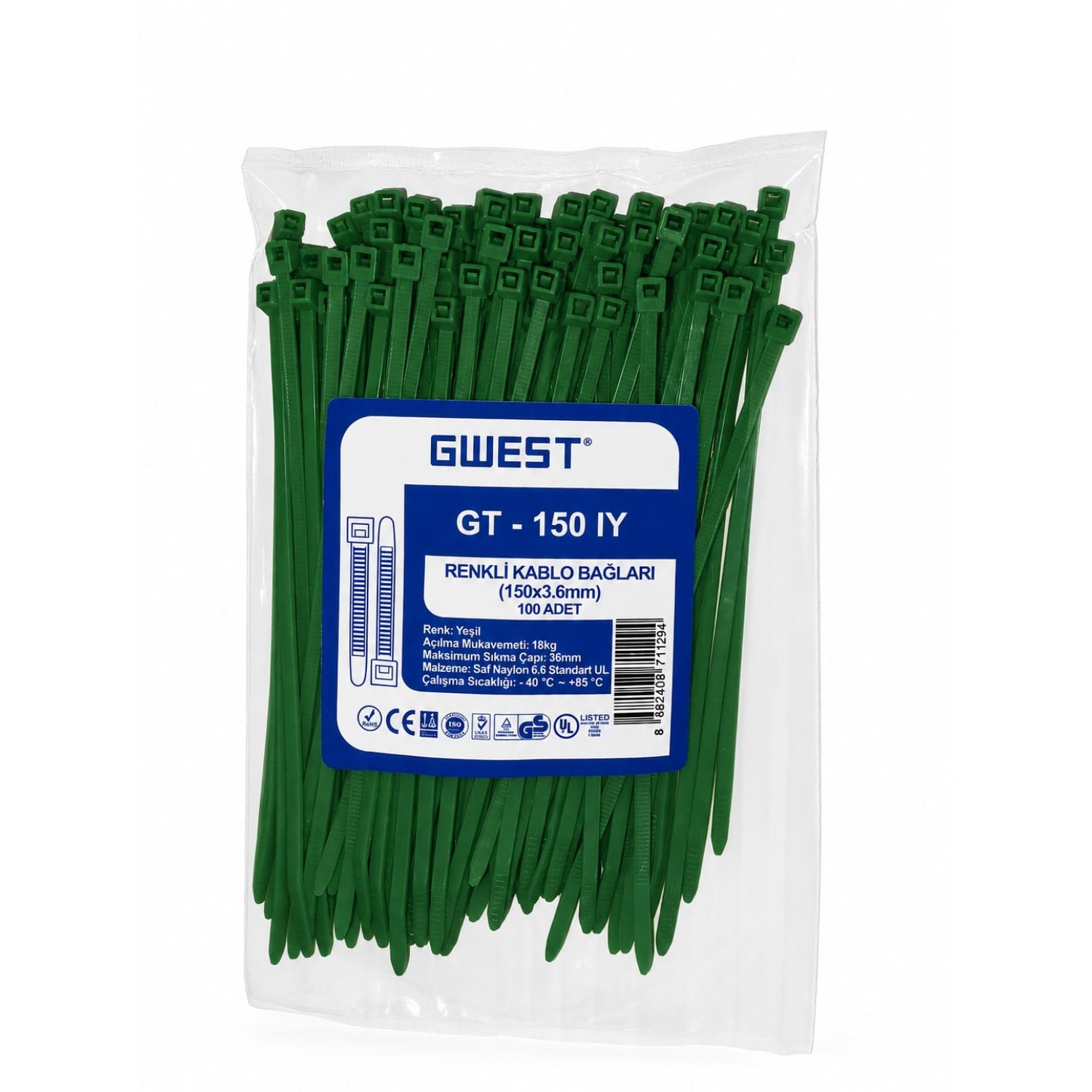 Plastik Kablo Bağı - Yeşil - 3,6mm x 150mm - Cırt Kelepçe (100 Adet)