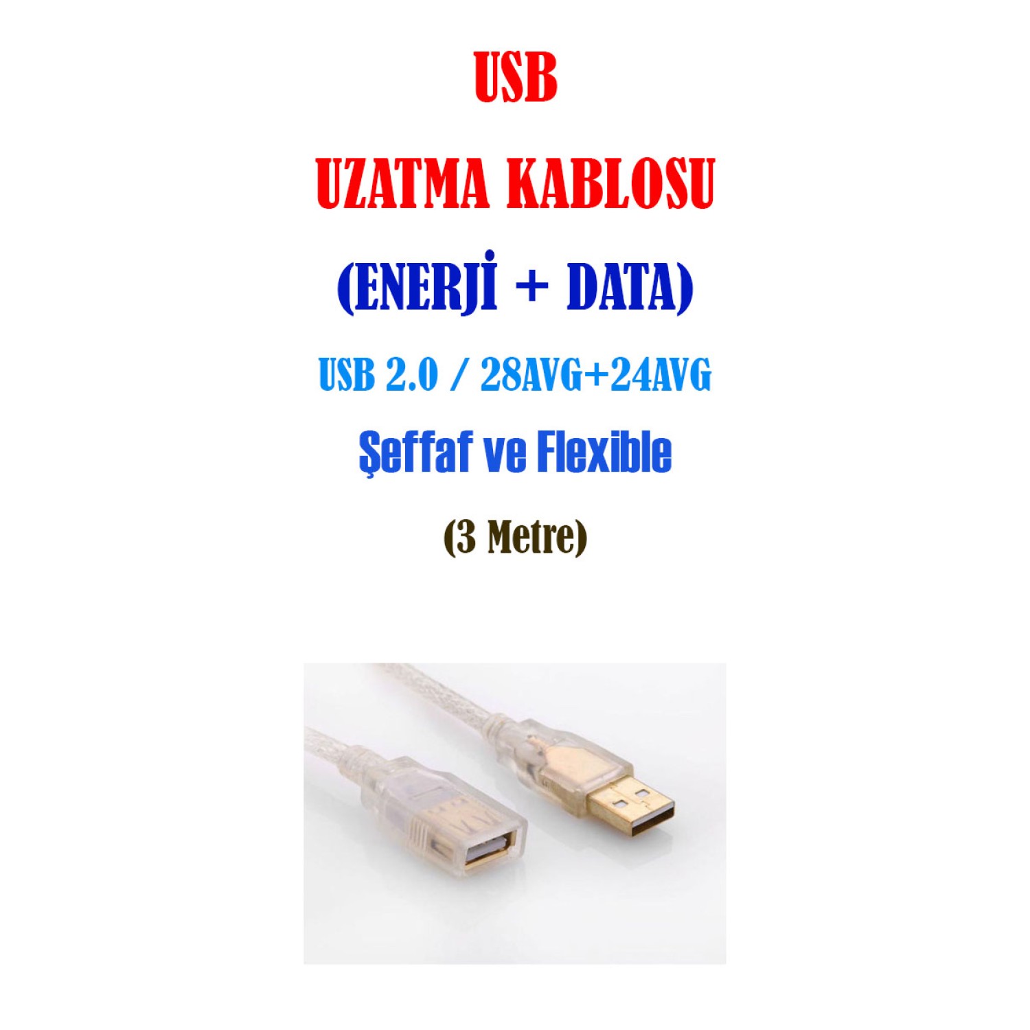 USB Uzatma Kablosu - Şeffaf ve Esnek - USB 2.0 - 3 metre